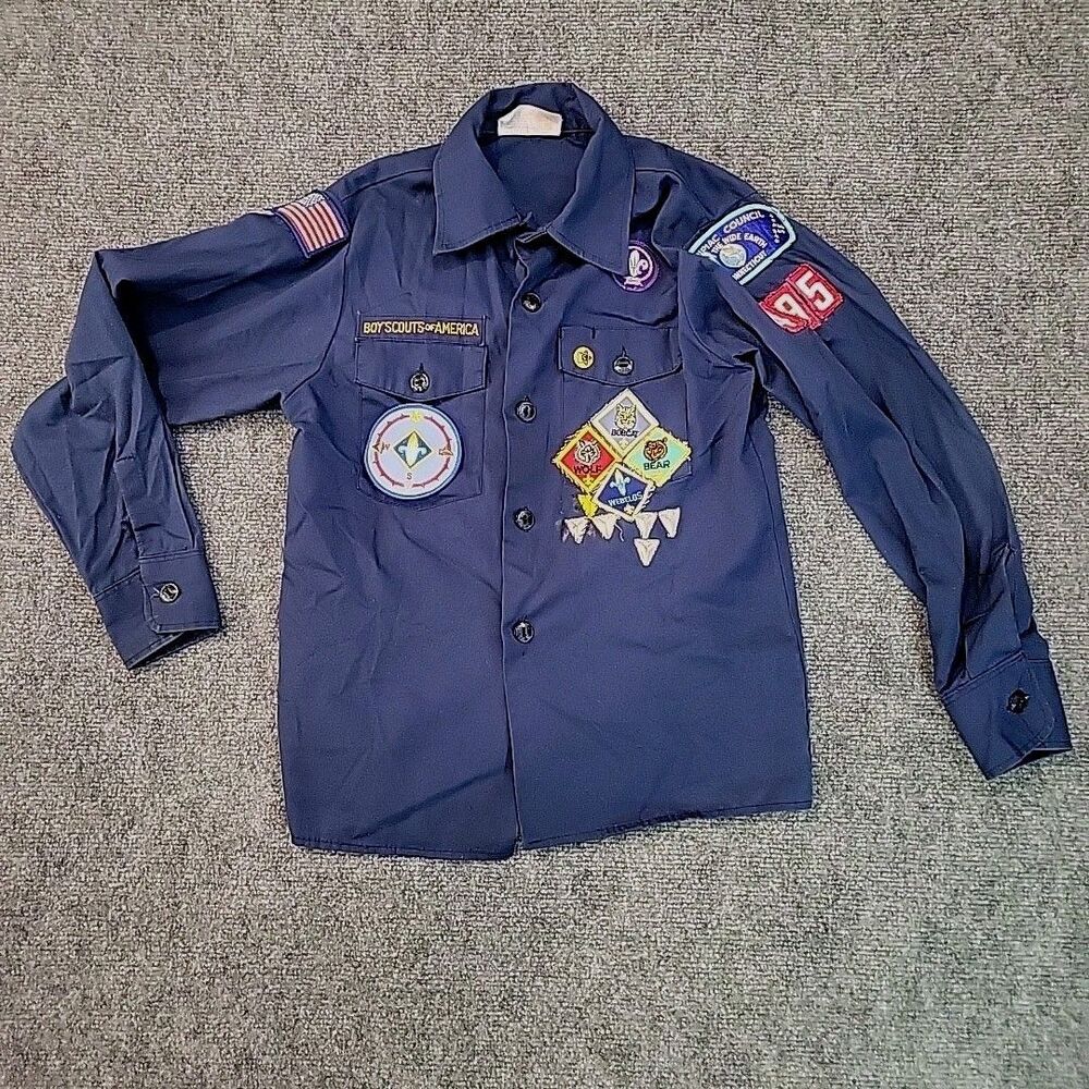 Vintage Boy Scouts of America Cub Scout Shirt Navy Blue Patchwork Size 12 Youth